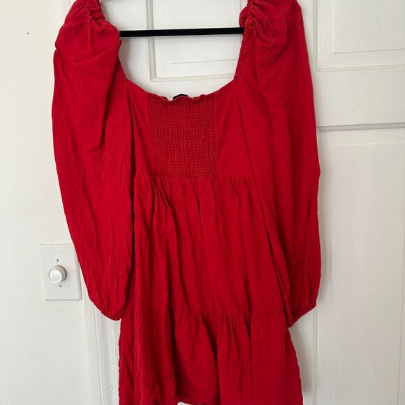 & Other Stories Puff Sleeve Linen Mini Dress in red - Picture 4 of 5